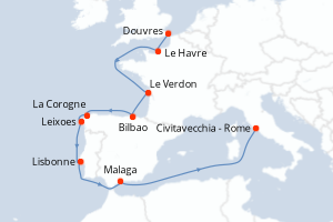 carte itinéraire croisière Méditerranée 12 jours au départ du port de Douvres