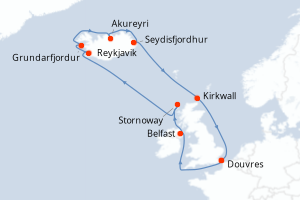 Carte de l'itinéraire de croisière Douvres-Douvres d'une durée de 12 jours