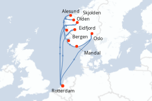 carte itinéraire croisière Fjörds norvégiens 14 jours au départ du port de Rotterdam