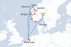 carte itinéraire croisière Fjörds norvégiens 14 jours au départ du port de Rotterdam