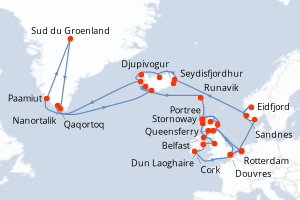 carte itinéraire croisière Fjörds norvégiens 42 jours au départ du port de Rotterdam