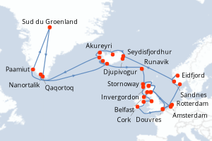 carte itinéraire croisière Fjörds norvégiens 42 jours au départ du port de Rotterdam