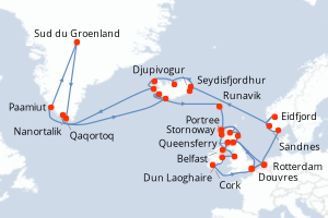 carte itinéraire croisière Fjörds norvégiens 42 jours au départ du port de Douvres