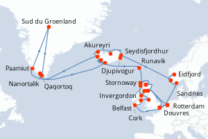 carte itinéraire croisière Fjörds norvégiens 42 jours au départ du port de Douvres