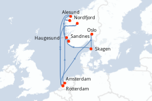 carte itinéraire croisière Fjörds norvégiens 14 jours au départ du port de Amsterdam