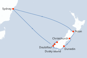 Carte de l'itinéraire de croisière Sydney-Sydney d'une durée de 9 jours
