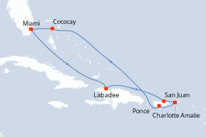 Carte de l'itinéraire de croisière Miami-Miami d'une durée de 7 jours