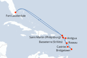 Carte de l'itinéraire de croisière Fort Lauderdale-Fort Lauderdale d'une durée de 11 jours