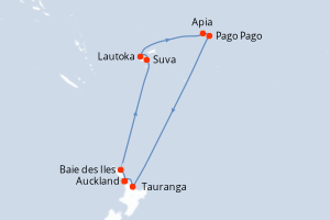 Carte de l'itinéraire de croisière Auckland-Auckland d'une durée de 13 jours