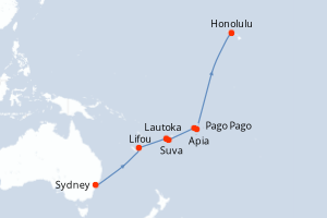 Carte de l'itinéraire de croisière Sydney-Honolulu d'une durée de 15 jours