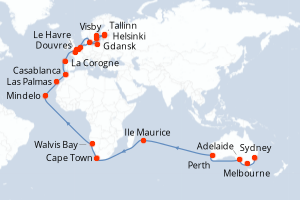 carte itinéraire croisière Europe du Nord 55 jours au départ du port de Sydney