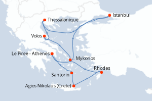 Carte itinéraire croisière Grèce, Turquie - 11 jours au départ de Le Piree - Athenes - Méditerranée