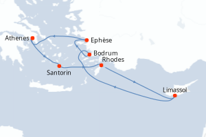 Carte de l'itinéraire de croisière Le Piree - Athenes-Le Piree - Athenes d'une durée de 7 jours