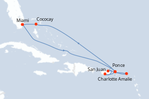 Carte de l'itinéraire de croisière Miami-Miami d'une durée de 7 jours