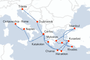 carte itinéraire croisière Adriatique 20 jours au départ du port de Trieste