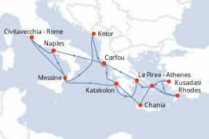 carte itinéraire croisière Sicile 20 jours au départ du port de Le Piree - Athenes