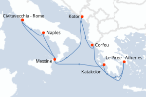carte itinéraire croisière Sicile 10 jours au départ du port de Civitavecchia - Rome