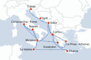 carte itinéraire croisière Sicile 20 jours au départ du port de Civitavecchia - Rome