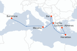 Carte itinéraire croisière Monténégro, Grèce, Italie, Espagne - 7 jours au départ de Le Piree - Athenes - Méditerranée