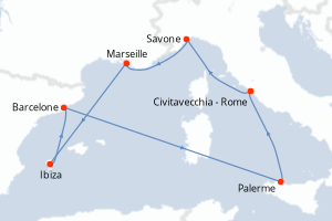 carte itinéraire croisière Sicile 7 jours au départ du port de Civitavecchia - Rome