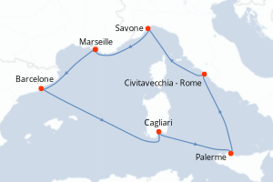 Carte de l'itinéraire de croisière Marseille-Marseille d'une durée de 7 jours
