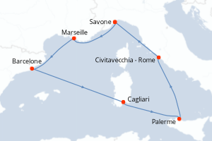 Carte de l'itinéraire de croisière Savone-Savone d'une durée de 7 jours