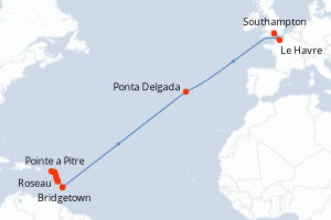 carte itinéraire croisière Transatlantique 17 jours au départ du port de Southampton