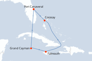 Carte de l'itinéraire de croisière Port Canaveral-Port Canaveral d'une durée de 6 jours