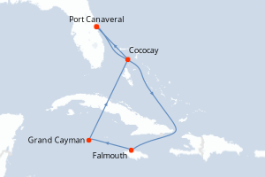 carte itinéraire croisière Caraïbes Bahamas 6 jours au départ du port de Port Canaveral
