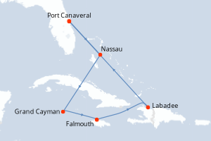 carte itinéraire croisière Caraïbes Bahamas 6 jours au départ du port de Port Canaveral