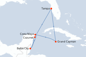 carte itinéraire croisière Caraïbes Mexique 8 jours au départ du port de Tampa