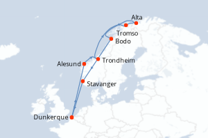 carte itinéraire croisière Fjörds norvégiens 14 jours au départ du port de Dunkerque