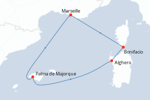 carte itinéraire croisière Sardaigne 6 jours au départ du port de Marseille