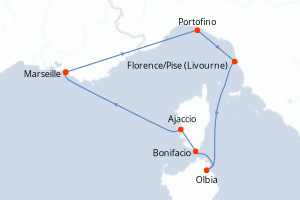carte itinéraire croisière Sardaigne 6 jours au départ du port de Marseille