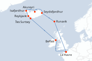 carte itinéraire croisière Europe du Nord 14 jours au départ du port de Le Havre