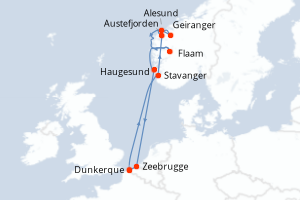 carte itinéraire croisière Fjörds norvégiens 10 jours au départ du port de Dunkerque
