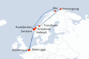 carte itinéraire croisière Fjörds norvégiens 14 jours au départ du port de Dunkerque