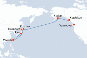 carte itinéraire croisière Alaska 18 jours au départ du port de Tokyo