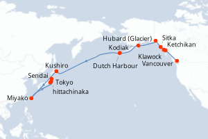 Carte de l'itinéraire de croisière Vancouver-Tokyo d'une durée de 21 jours