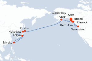 carte itinéraire croisière Alaska 26 jours au départ du port de Tokyo