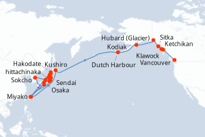 carte itinéraire croisière Asie 33 jours au départ du port de Vancouver