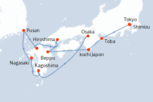 carte itinéraire croisière Asie 12 jours au départ du port de Tokyo
