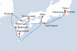 Carte de l'itinéraire de croisière Tokyo-Yokohama d'une durée de 14 jours