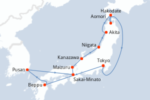 Carte de l'itinéraire de croisière Tokyo-Tokyo d'une durée de 14 jours