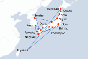 carte itinéraire croisière Asie 24 jours au départ du port de Osaka