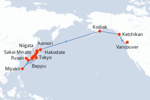 carte itinéraire croisière Alaska 32 jours au départ du port de Tokyo