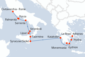 Carte de l'itinéraire de croisière Civitavecchia - Rome-Le Piree - Athenes d'une durée de 11 jours