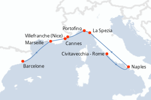 Carte de l'itinéraire de croisière Civitavecchia - Rome-Barcelone d'une durée de 9 jours