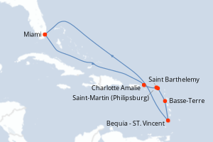 Carte itinéraire croisière États-Unis, Royaume-Uni, Pays-Bas, France, Saint Vincent-et-les-Grenadines - 10 jours au départ de Miami - Caraïbes Bahamas