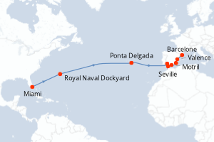 carte itinéraire croisière Transatlantique 16 jours au départ du port de Miami